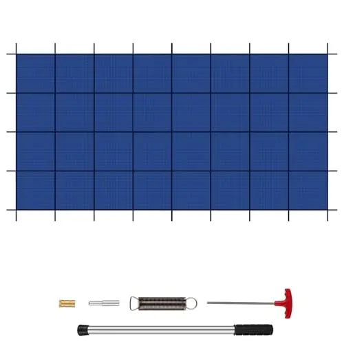 DEIFRE blue rectangular mesh pool safety cover with a dustproof feature, shown with installation tools.