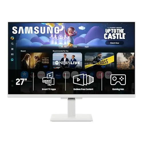 Samsung 27-inch white smart monitor displaying a streaming app menu