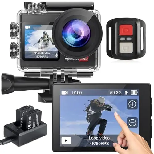 Hiicam Speed10 action camera with dual screens and a remote control.