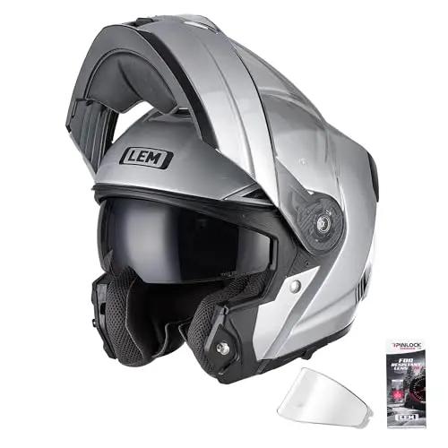 LEM silver modular fiberglass motorcycle helmet with flip-up chin bar