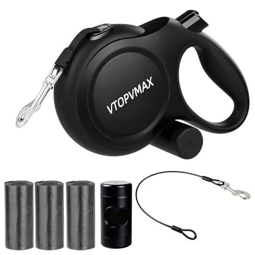 VTOPVMAX black retractable dog leash with integrated chew-proof steel cable and bag holder