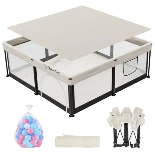 Semoprus beige foldable baby playpen with mesh panels and included balls
